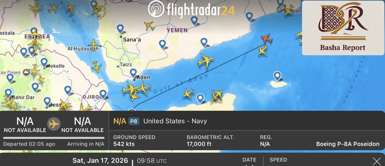 طائرة استطلاع بحرية أمريكية تنفذ مهام رصد ومراقبة فوق خليج عدن وبحر العرب