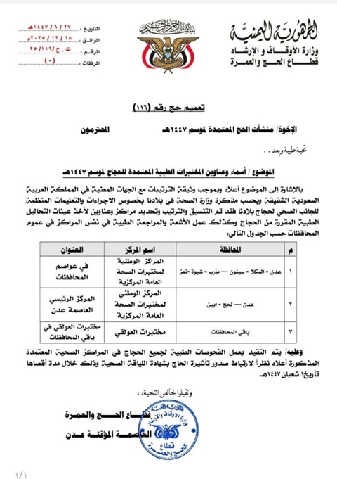 وزارة الأوقاف اليمنية تحدد المختبرات المخولة بإجراء الفحوصات الصحية للحجاج لهذا العام