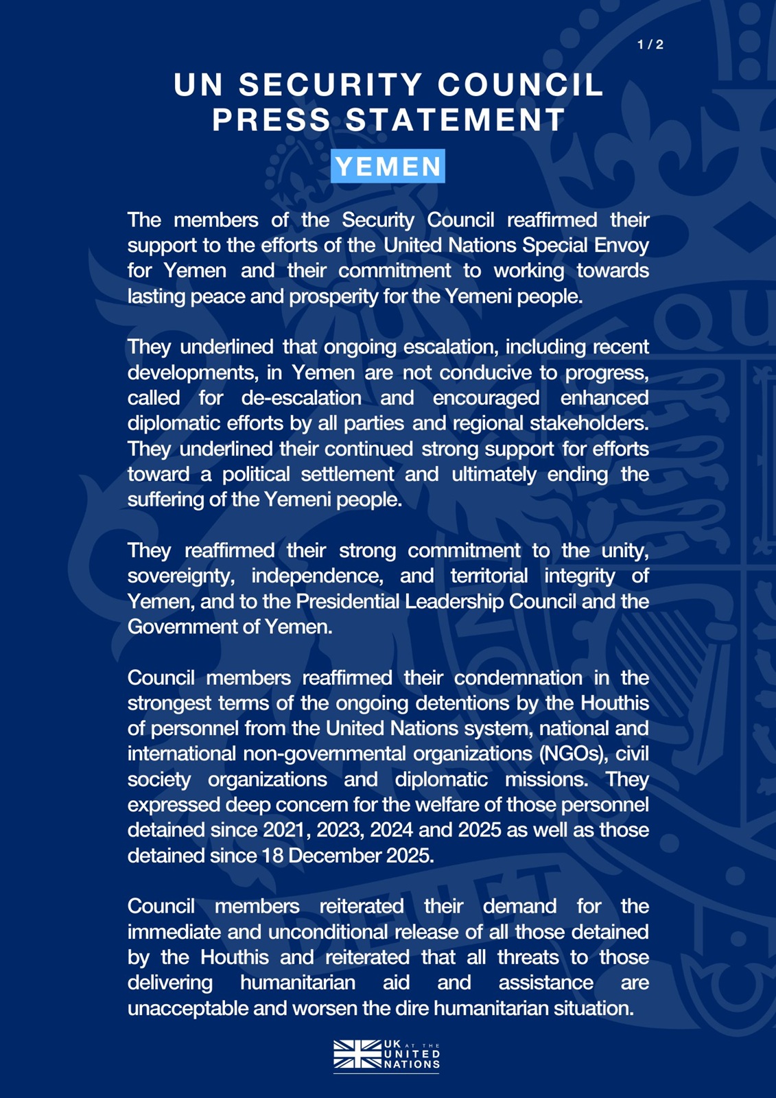 مجلس الأمن يندد بتصعيد الانتقالي ويؤكد التزامه الراسخ بوحدة اليمن ويطالب الحوثيين بالإفراج الفوري عن المحتجزين